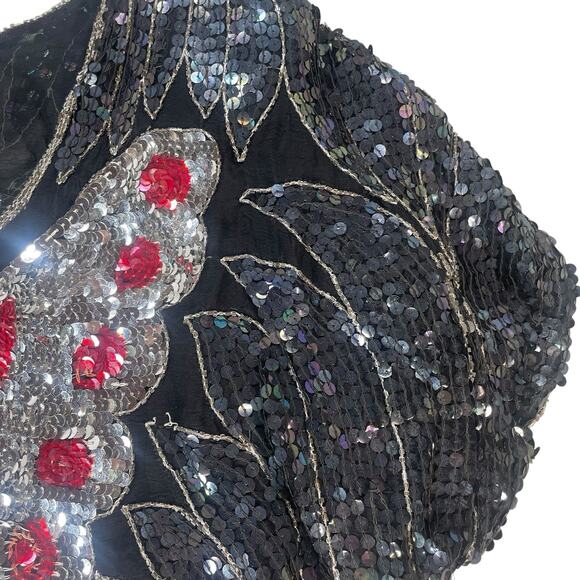 VTG SHE Sequin Beaded Butterfly Top Womens OS 70's Disco Retro Glam Silk Rayon - Picture 2 of 14
